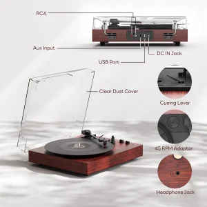MAIO Record Player  Bluetooth Vintage Audio Turntables 3-Speed Speakers, Headphone Jack, AUX-in - Thumbnail Image 6