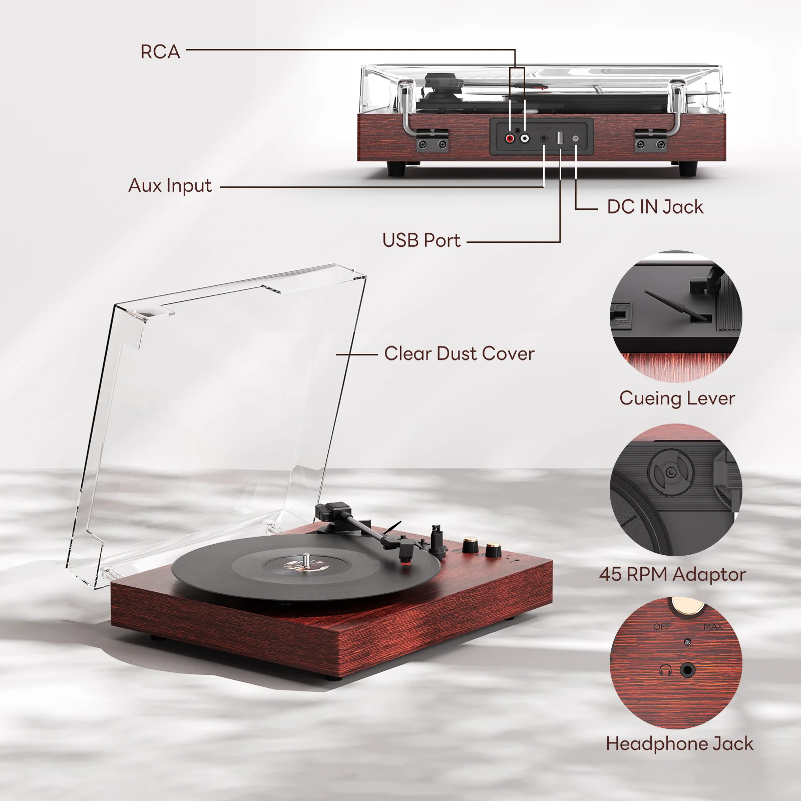 MAIO Record Player  Bluetooth Vintage Audio Turntables 3-Speed Speakers, Headphone Jack, AUX-in - Image 6