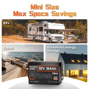 12V 314Ah LiFePO4 Battery Capacity 4019Wh 200A BMS Up 15000 Cycles Low-Temp Protection, RV Camper/Cabin/Portable Power Station/Solar Energy Storage/5-Year Warranty - Thumbnail Image 7