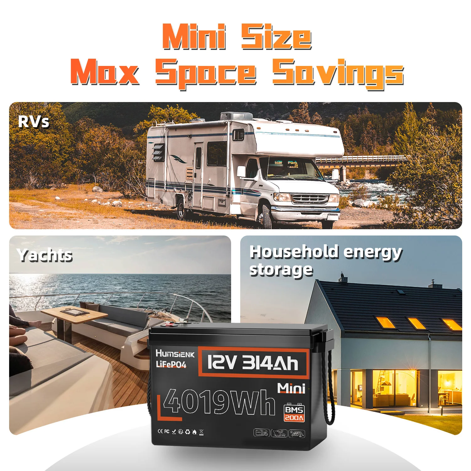 12V 314Ah LiFePO4 Battery Capacity 4019Wh 200A BMS Up 15000 Cycles Low-Temp Protection, RV Camper/Cabin/Portable Power Station/Solar Energy Storage/5-Year Warranty - Image 7