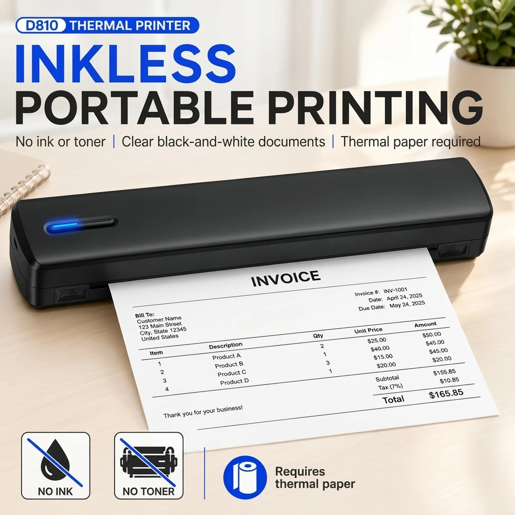 Portable A4 Thermal Printer Inkless Wireless D810 300DPI 1500mAh BT USB Type-C For Android/ iOS - Image 1