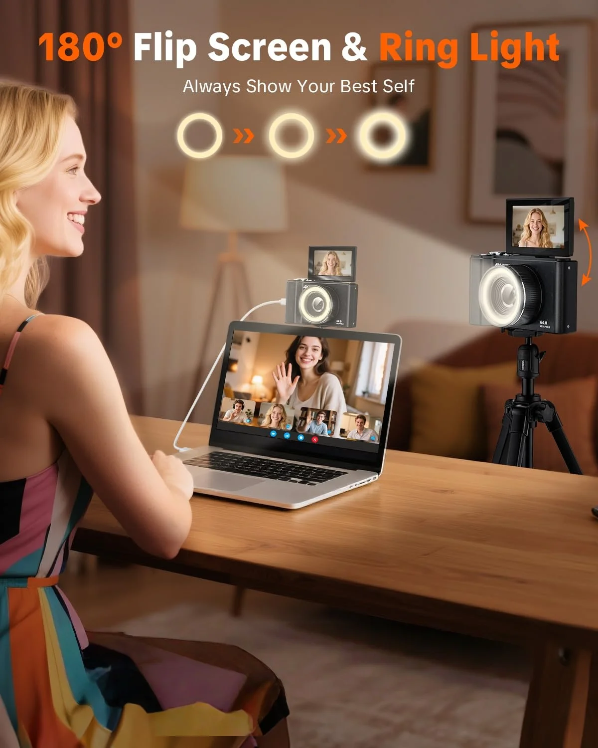 4K Digital Camera ,4k Camera with Ring Light，180° Flip Screen Camera  and Shoot Digital Cameras for Beginner with SD Card - Image 2