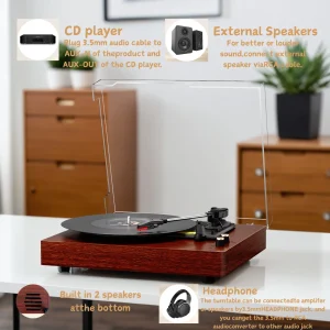 MAIO Record Player  Bluetooth Vintage Audio Turntables 3-Speed Speakers, Headphone Jack, AUX-in - Thumbnail Image 4