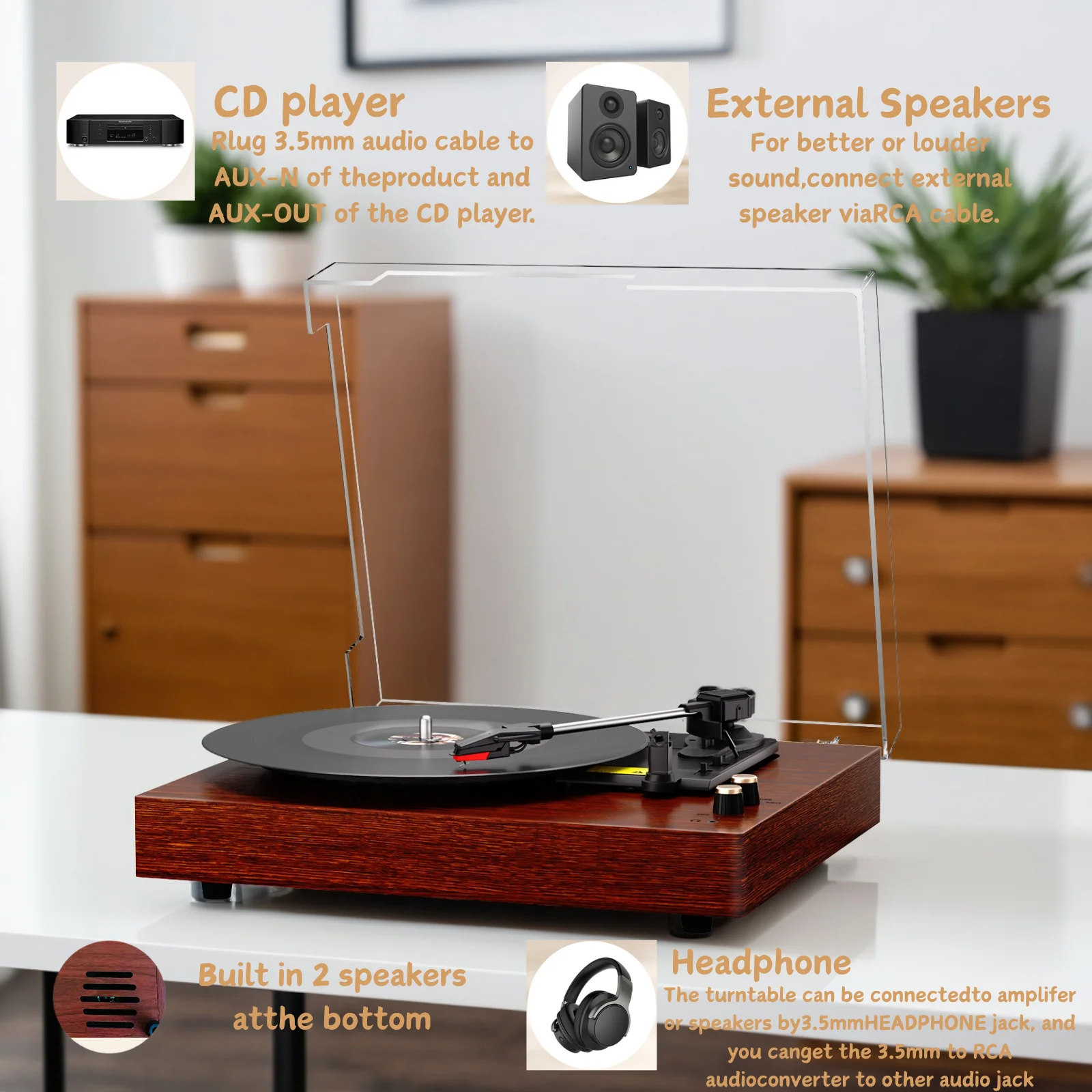 MAIO Record Player  Bluetooth Vintage Audio Turntables 3-Speed Speakers, Headphone Jack, AUX-in - Image 4