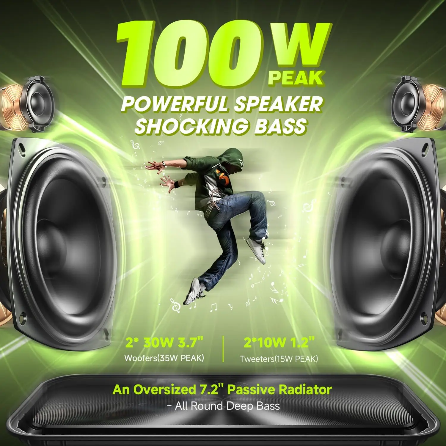 Bluetooth Speaker, 100W,Peak 60W Portable Speaker, Waterproof, Outdoor Party Large Boombox 2 Subwoofer, Deep Bass - Image 2