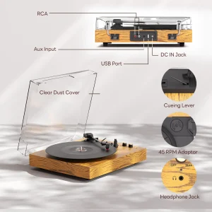 Maio Belt-Driven Vintage Gramophone, Vinyl Record, Turntable, High-Fidelity Stereo, Built-In Speaker, 3-Speed - Thumbnail Image 6