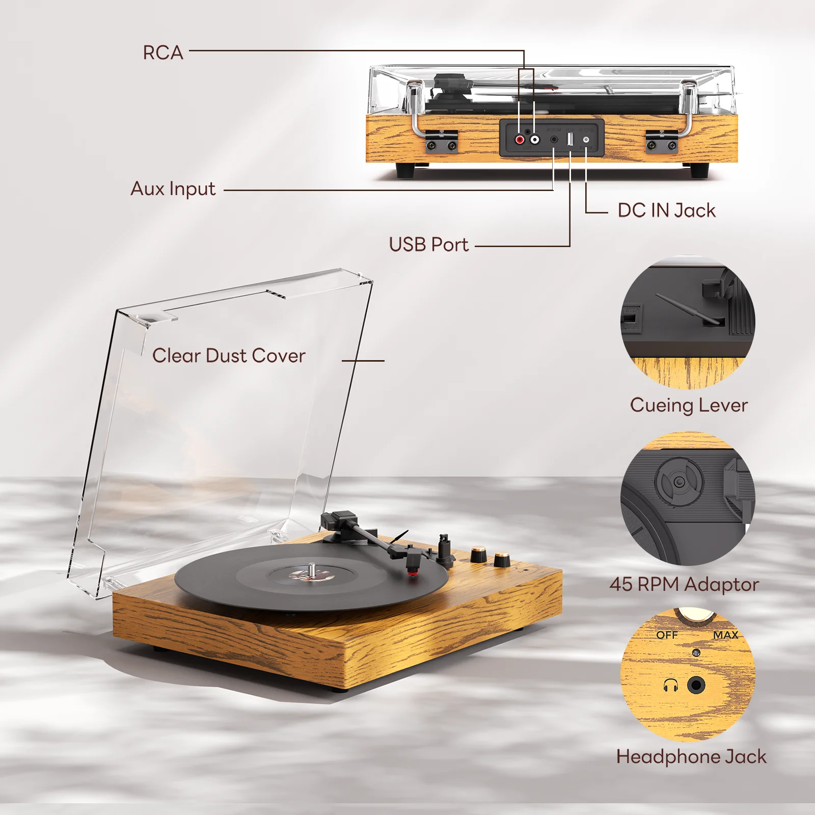 Maio Belt-Driven Vintage Gramophone, Vinyl Record, Turntable, High-Fidelity Stereo, Built-In Speaker, 3-Speed - Image 6