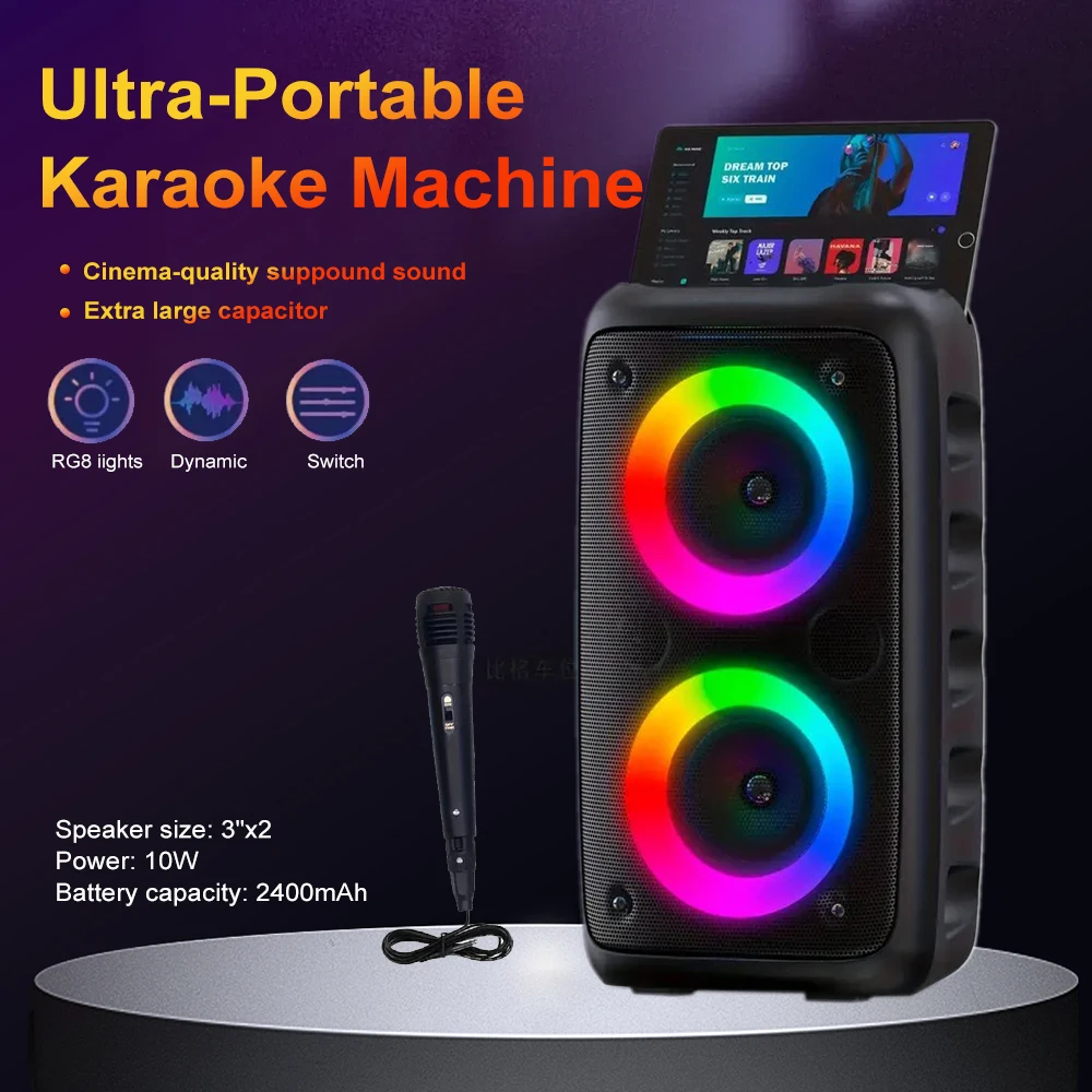 Portable Bluetooth Karaoke Speaker Dual 3 Inch 10W Ring Light, TWS Wireless Speaker, Wired Mic, Rechargeable Battery - Image 1