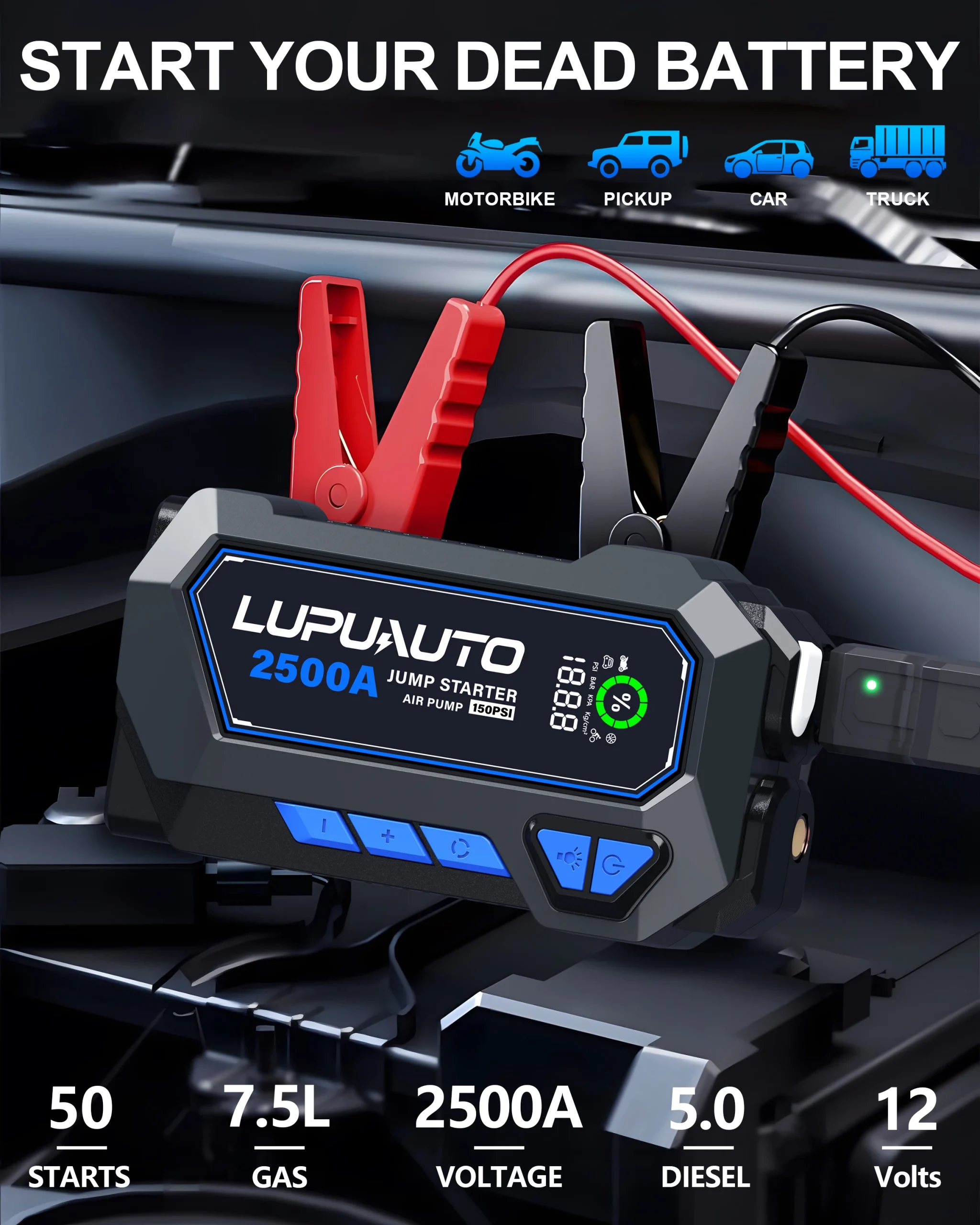 Portable 2500A Car Jump Starter,150PSI Air Compressor, Power Bank Air Pump Tire Inflator, USB Input/output - Image 3