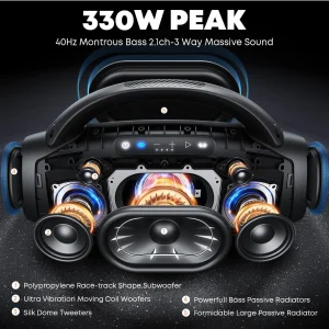 330W Peak Wireless Boom Box Large Bluetooth Speaker 7.5" Subwoofer/IPX7 Waterproof Party Massive Bass for Outdoors - Thumbnail Image 2