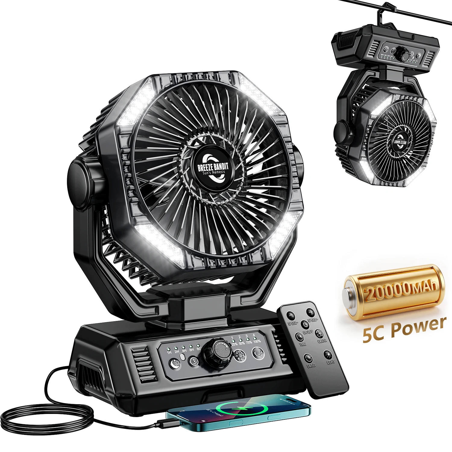 coldSky 20000mAh Camping Fan with 4 LED Lights, Remote Control 8 Speed Adjustable Rechargeable Outdoor Fan - Image 8