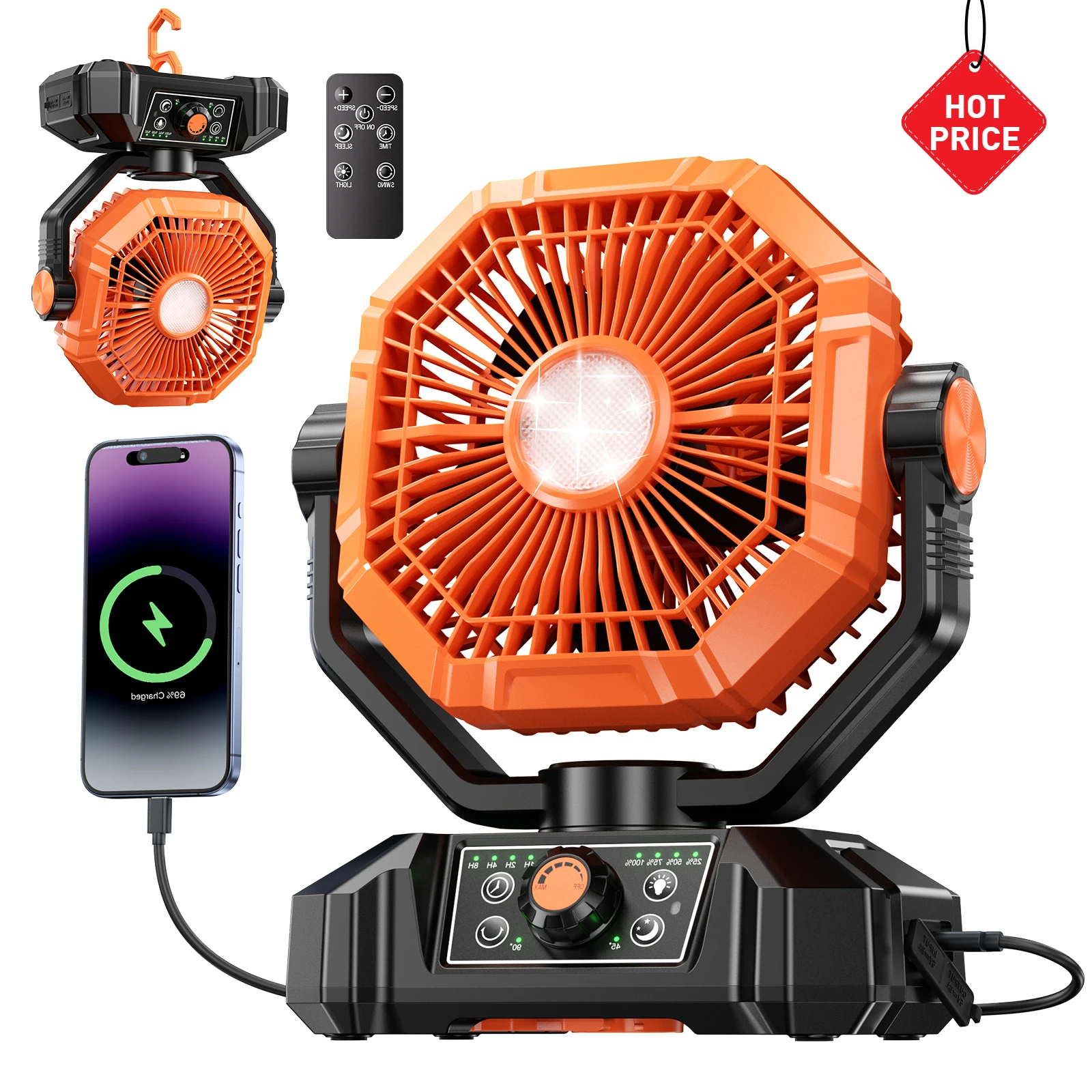 coldSky 20000mAh Camping Fan with 4 LED Lights, Remote Control 8 Speed Adjustable Rechargeable Outdoor Fan - Image 9