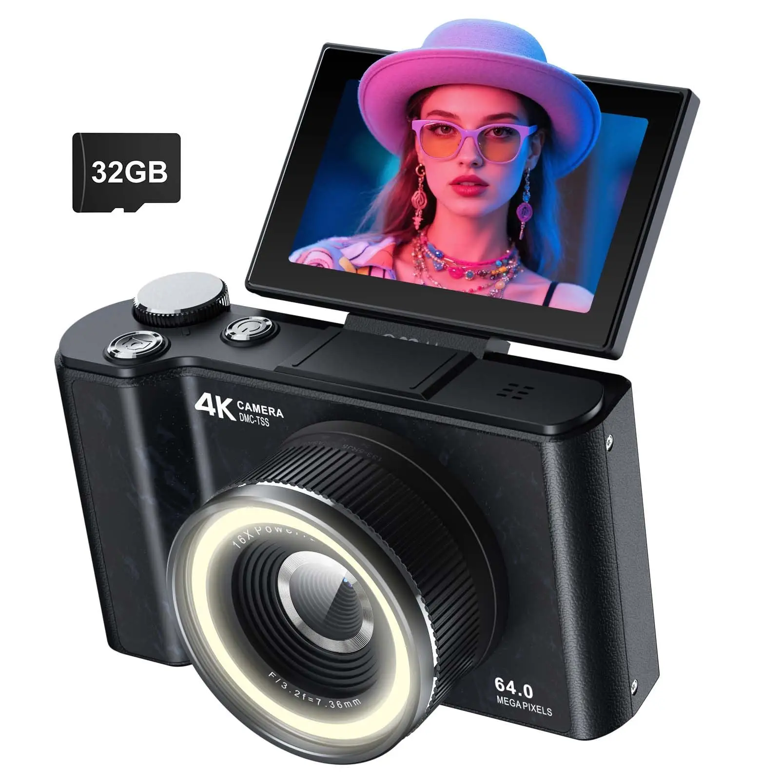 4K Digital Camera ,4k Camera with Ring Light，180° Flip Screen Camera  and Shoot Digital Cameras for Beginner with SD Card - Image 1