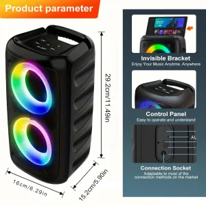 Portable Bluetooth Karaoke Speaker Dual 3 Inch 10W Ring Light, TWS Wireless Speaker, Wired Mic, Rechargeable Battery - Thumbnail Image 2