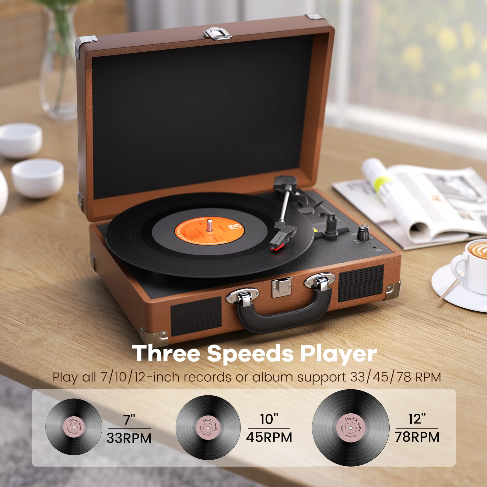 MAIO 3-Speed 33/45/78RPM Vinyl Spinner, Built-in Stereo Speakers, Retail Packaging, Record Size Converter - Image 1