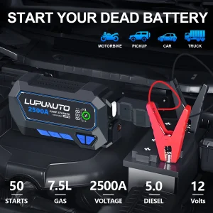 Portable 2500A Car Jump Starter,150PSI Air Compressor, Power Bank Air Pump Tire Inflator, USB Input/output - Thumbnail Image 8