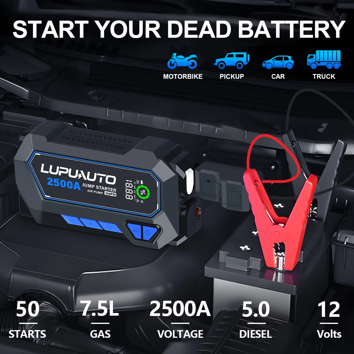 Portable 2500A Car Jump Starter,150PSI Air Compressor, Power Bank Air Pump Tire Inflator, USB Input/output - Image 8