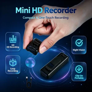 Mini Camera 4K HD Video Rec, 360° Lens, Night Vision Motion Detection, Clip-on, Loop Rec. A/V Recorder