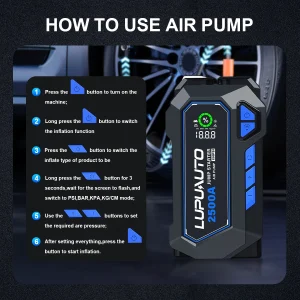 Portable 2500A Car Jump Starter,150PSI Air Compressor, Power Bank Air Pump Tire Inflator, USB Input/output - Thumbnail Image 4