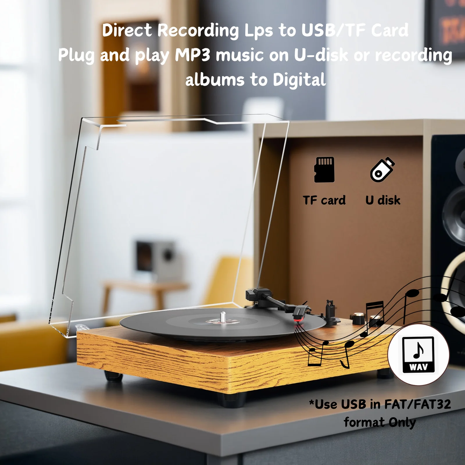 Maio Belt-Driven Vintage Gramophone, Vinyl Record, Turntable, High-Fidelity Stereo, Built-In Speaker, 3-Speed - Image 2