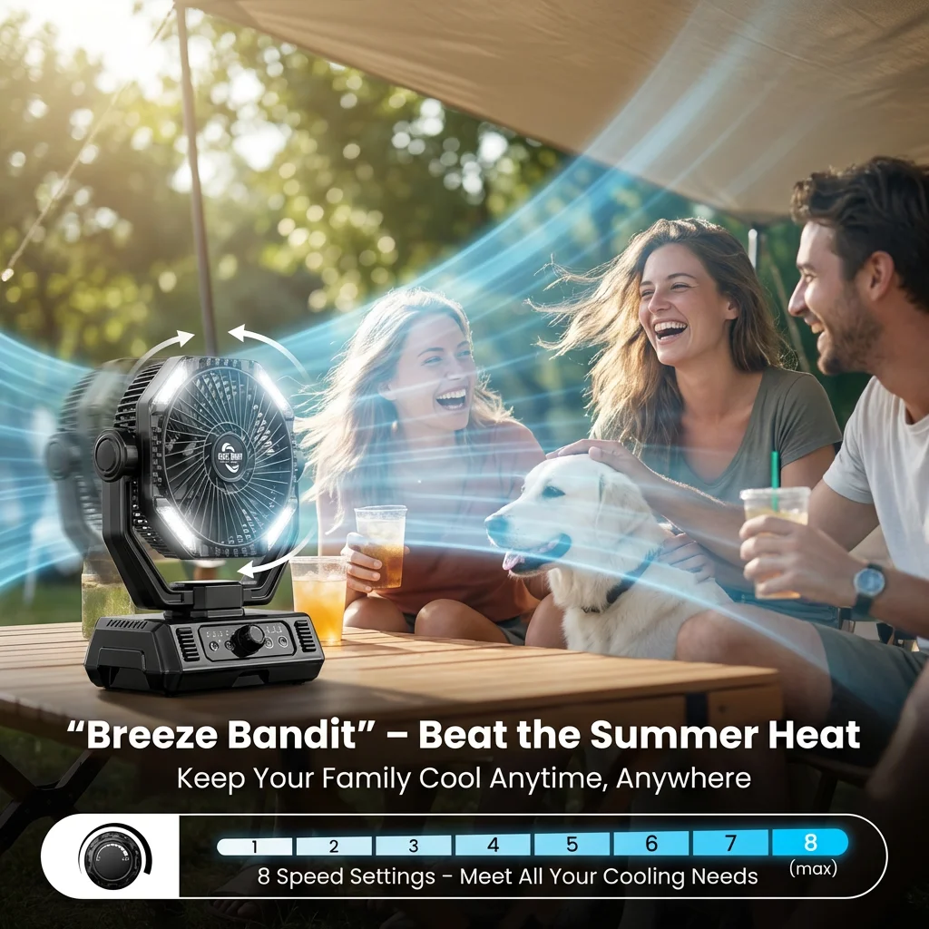 coldSky 20000mAh Camping Fan with 4 LED Lights, Remote Control 8 Speed Adjustable Rechargeable Outdoor Fan - Image 3