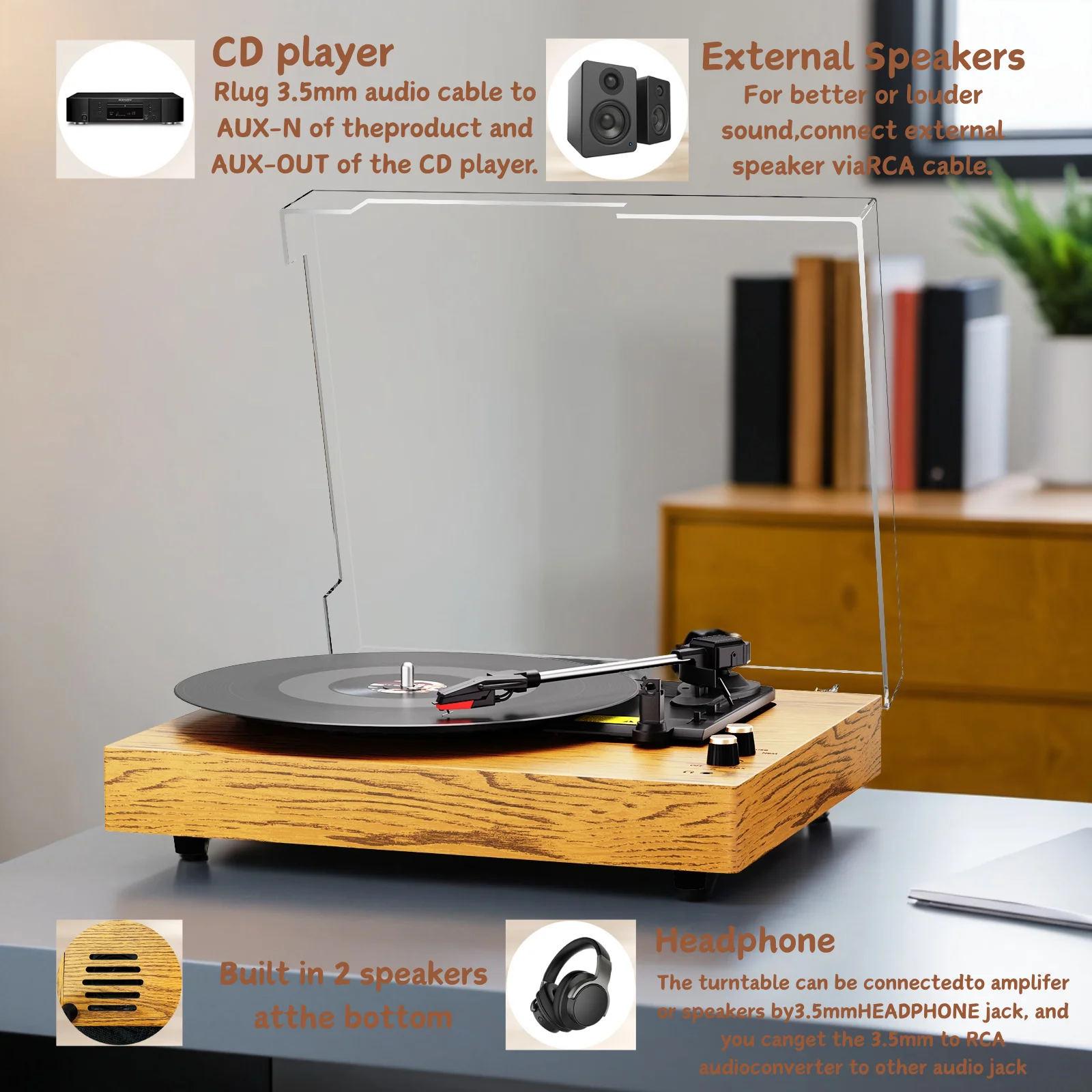 Maio Belt-Driven Vintage Gramophone, Vinyl Record, Turntable, High-Fidelity Stereo, Built-In Speaker, 3-Speed - Image 4