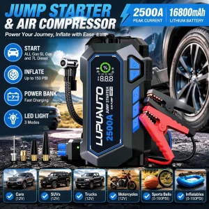 Portable 2500A Car Jump Starter,150PSI Air Compressor, Power Bank Air Pump Tire Inflator, USB Input/output - Thumbnail Image 2