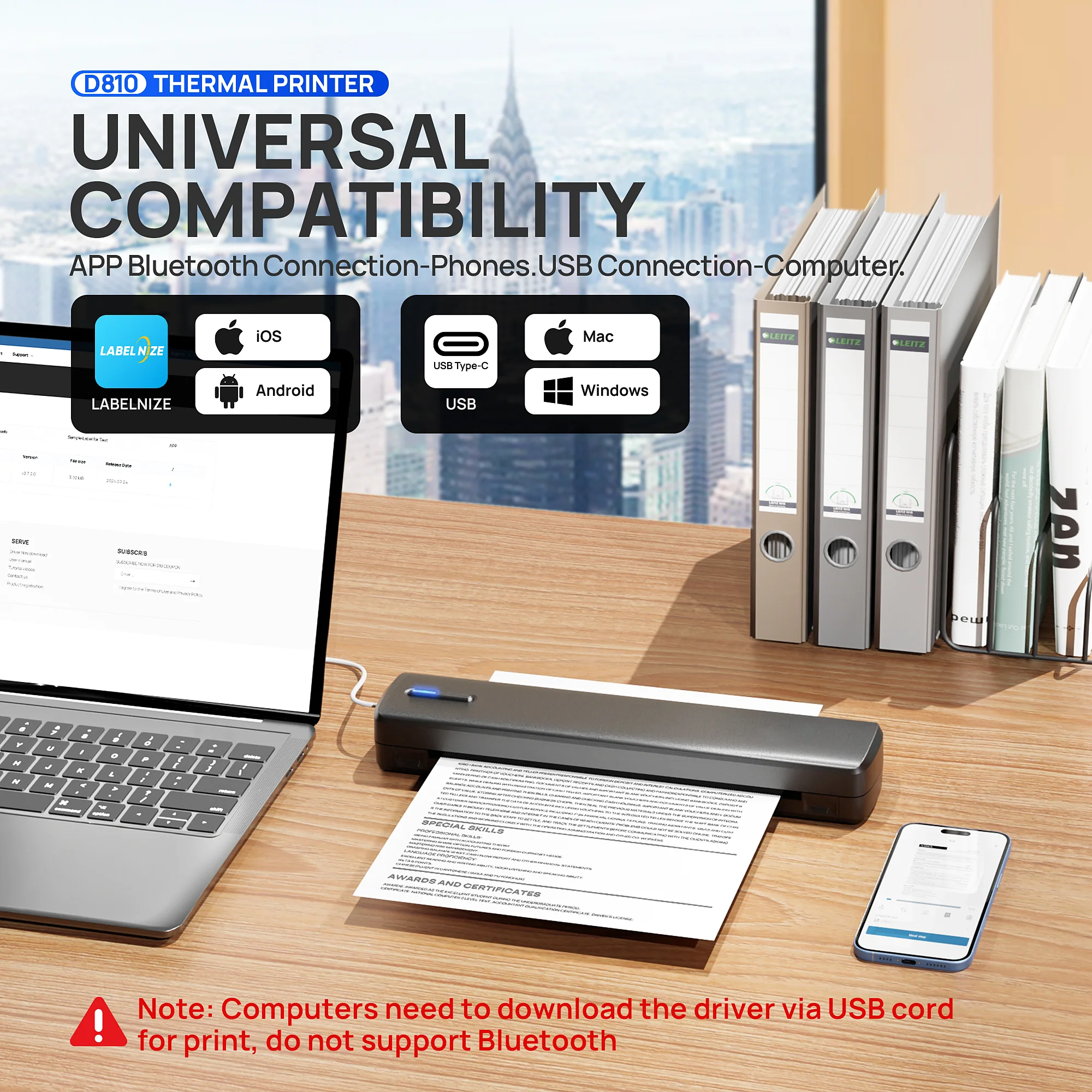Portable A4 Thermal Printer Inkless Wireless D810 300DPI 1500mAh BT USB Type-C For Android/ iOS - Image 4