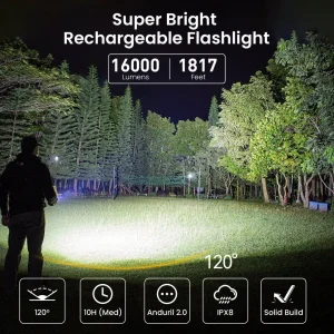 Super Powerful LED Flashlight 16000lm USB C Rechargeable 21700 Anduril 2.0 Torch XHP50B Reverse Charging - Thumbnail Image 2
